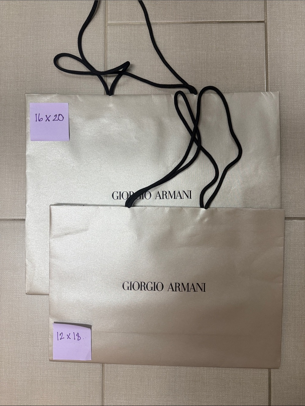 Giorgio Armani Metallic Champagne Shopping Bags with Black Handles